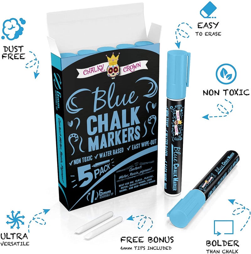 CHALKY CROWN قلم ماركر سائل تشالكي كراون - قلم مسح جاف - أقلام طباشير لعلامات السبورة، النوافذ، السبورة السوداء، الزجاج - طرف قابل للعكس 6 مم (أزرق، 5 عبوات) - Image 2